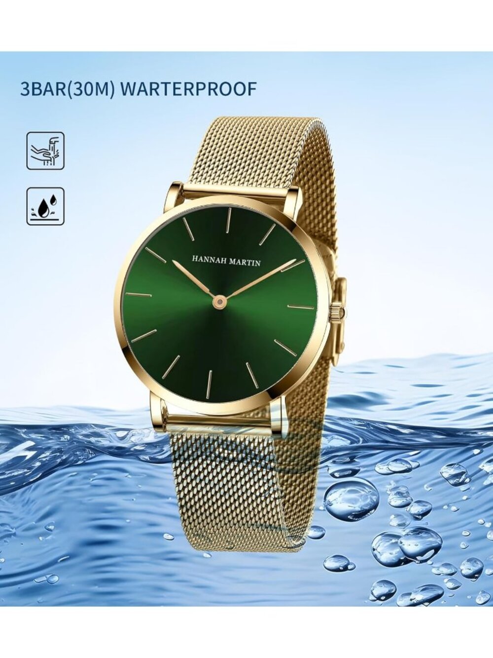 Women's Gold Green Analog Stainless Steel Mesh Strap Minimalist Slim Dial Watch - Picture 6 of 6